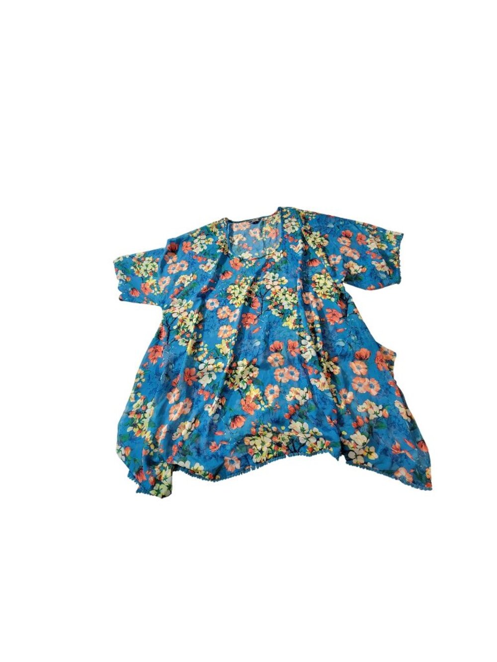 Lands' End womens Floral Sheer Blue Kimono Top With Pom Pom Trim Lightweight - Picture 1 of 10